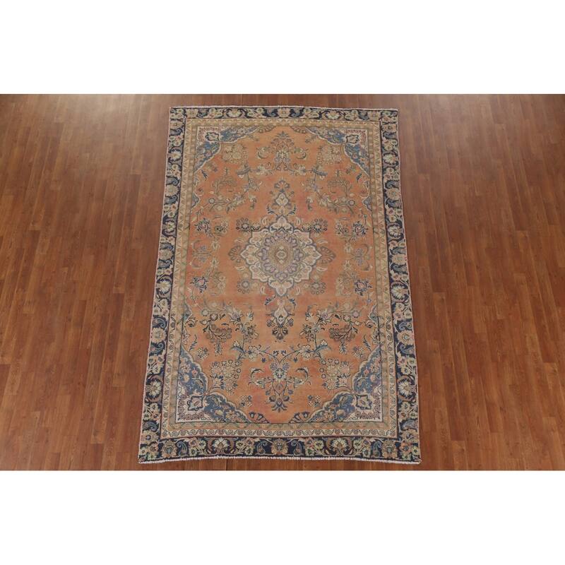 Hand Knotted Oriental 100% Wool Carpet Traditional Floral Oranges & Rust Mashad Area Rug - 9' 1'' X 5' 10''