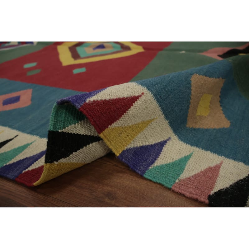 Hand Woven Oriental 100% Wool Carpet Southwestern Modern Green Kilim Area Rug - 11' 11'' X 5' 0''