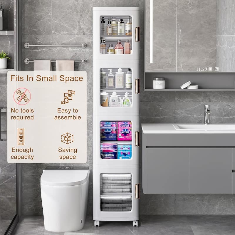 Javlergo 65" Narrow Tall Storage Bin, 4 Tier Foldable Kitchen Storage Cabinet Organizer,Freestanding Kitchen Pantry - 14.6 x 11.4 x 65.4 In(LxWxH) - White