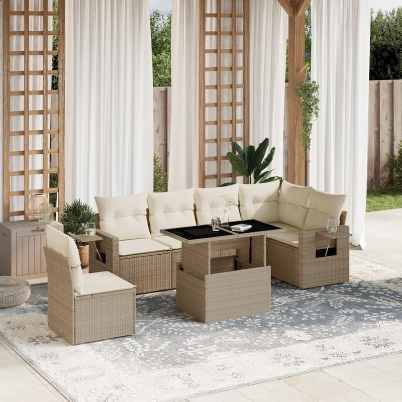 vidaXL Patio Sofa Set with Cushions Outdoor Furniture 7 Piece Poly Rattan - 21.7 x 39.4 x 28.7 - Beige and Cream