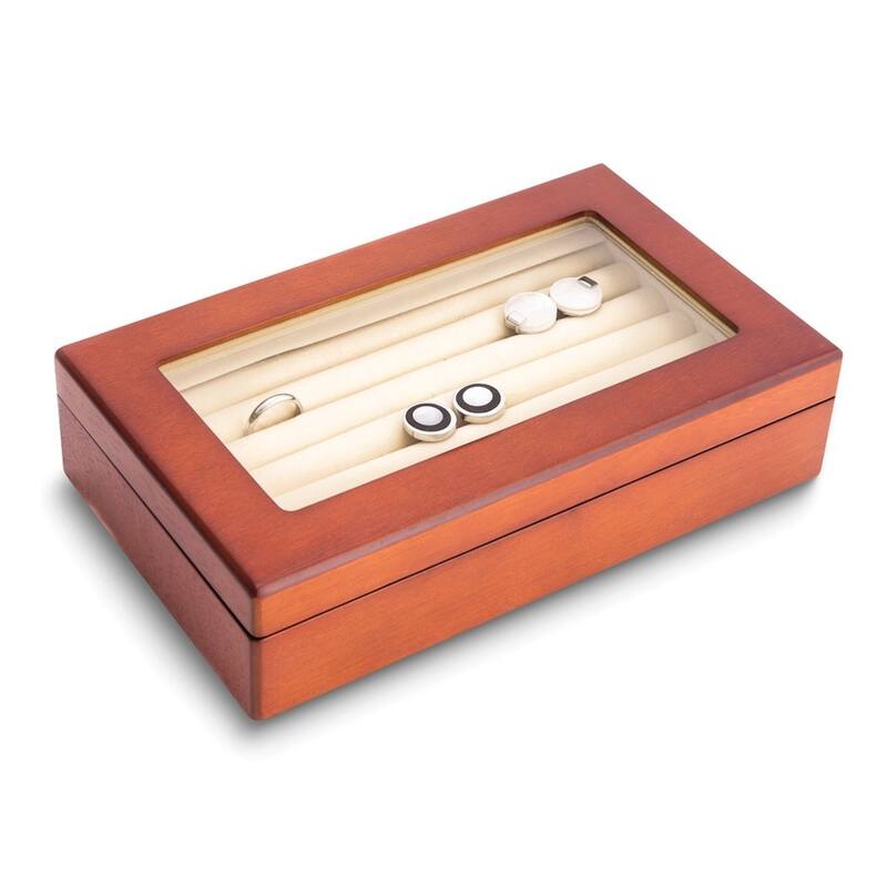 Curata Matte Cherry Finish Glass Lid Velour Lined Wooden Cufflink/Ring Box