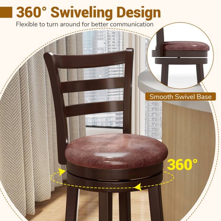 Set of 2 Cappuccino Rubber Wood MDF Swivel Bar Stools with Faux Leather and Footrest