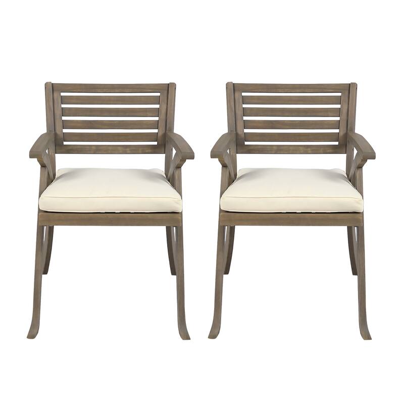 Roomfitters Helen Outdoor Acacia Wood Dining Chairs with Water Resistant Cushions, Slat Back, Grey, Set of 2