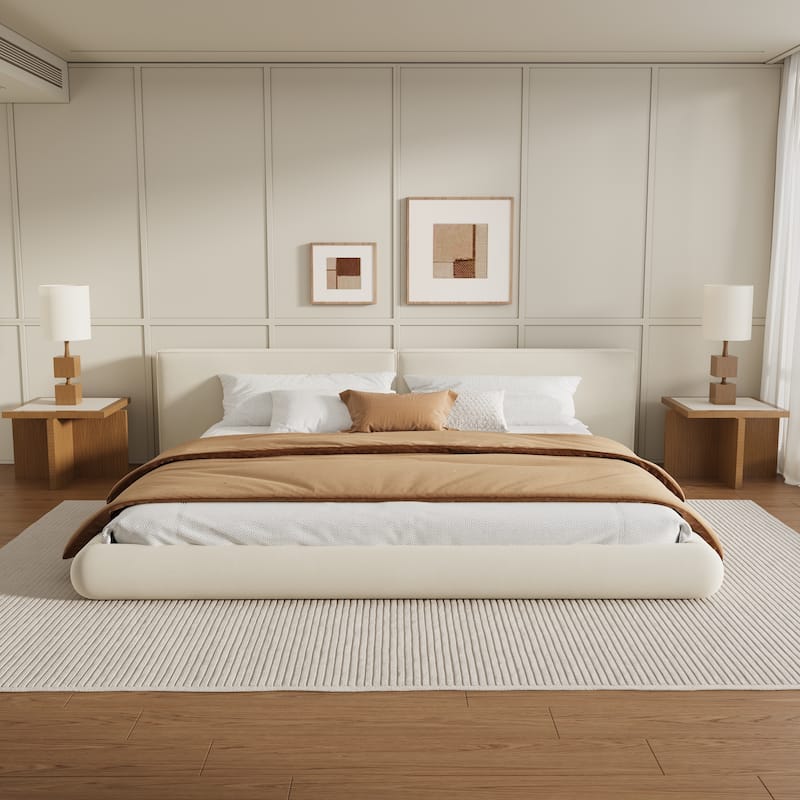 Christopher Knight Home - Lunara Modern Upholstered Floor-Hugging Platform Bed with Rounded Edges - Cream - King