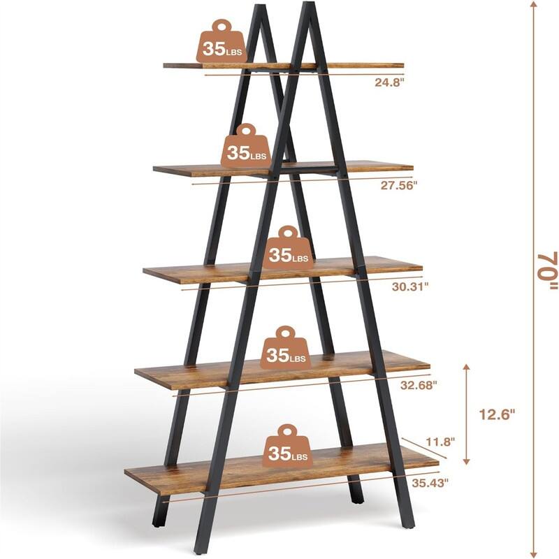 5-Tier Ladder Bookshelf - 13.8"D x 35.8"W x 65"H