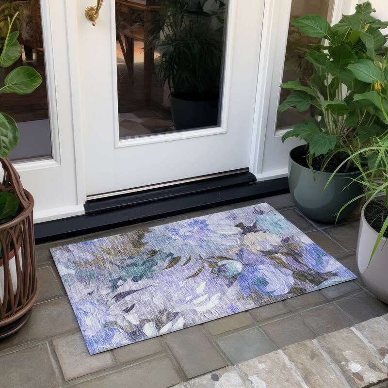 Machine Washable Indoor/ Outdoor Watercolor Floral Chantille Rug - Purple - 1'8" x 2'6"