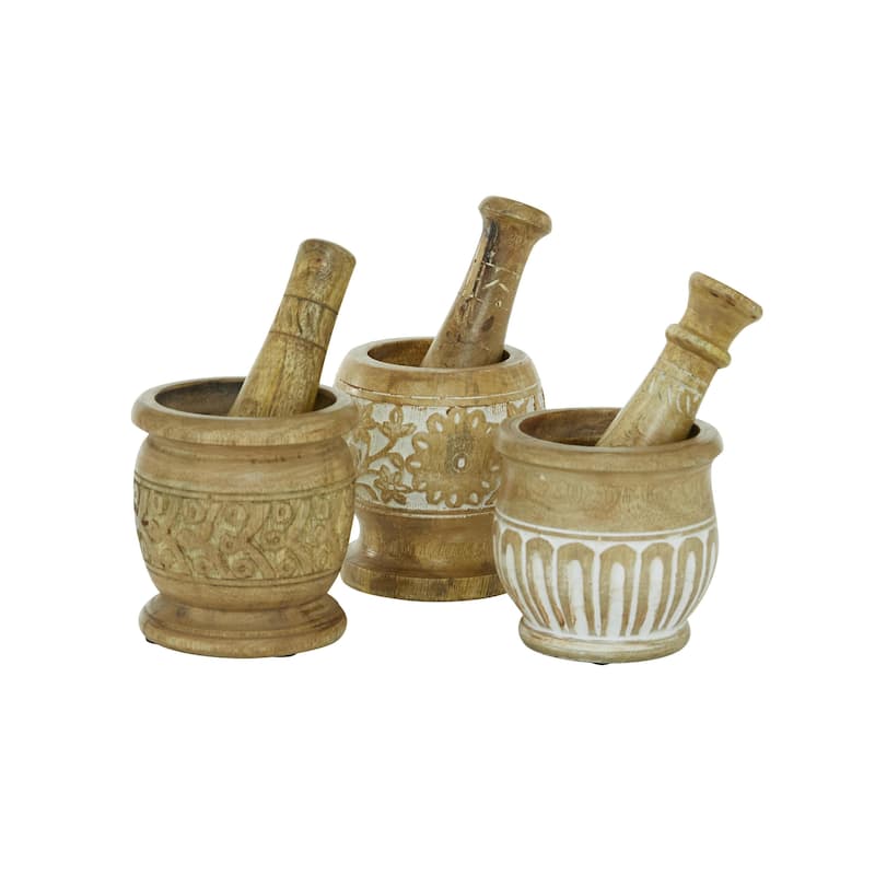 Wood Mortar And Pestel - Set of 3 Brown - Roche River Decor - 6"W x 5"L x 8"H