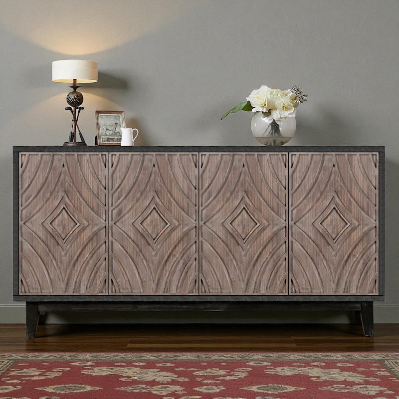 60" Mid Century Modern Sideboard Buffet Cabinet with Diamond Pattern Doors, Solid Wood Legs, Storage Credenza for Living Room