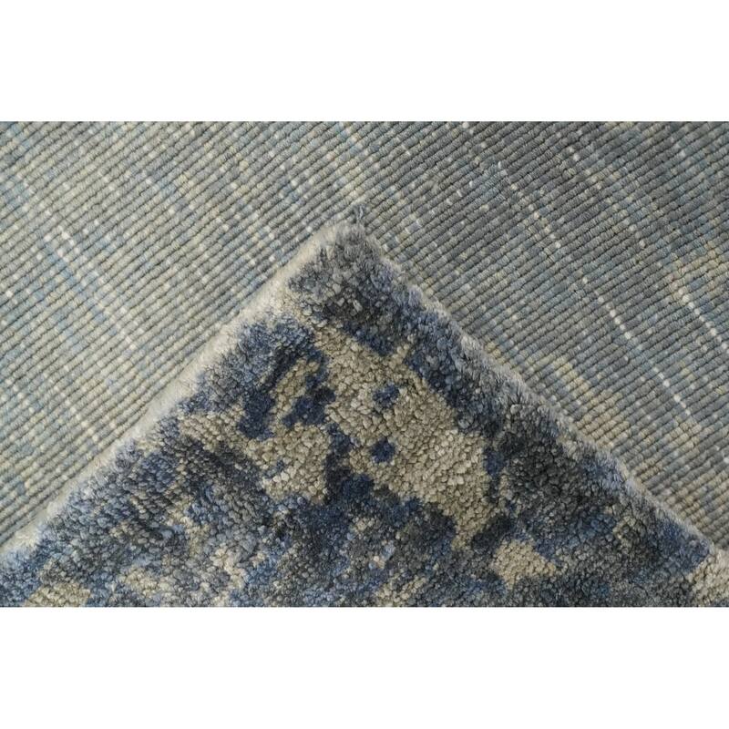Hand Knotted Oriental Viscose Silk Carpet Modern All-Over Navy Blue & Blues Abstract Area Rug - 4' 7'' X 2' 7''