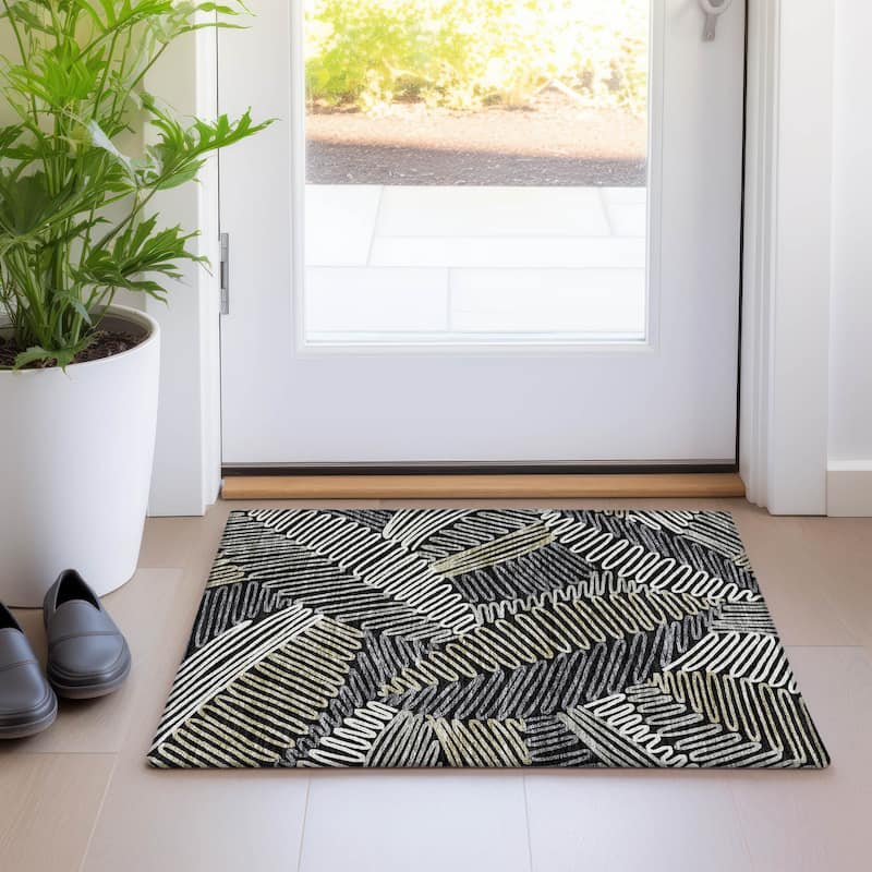 Premium Washable Super Soft Contemporary Leaf Mayfield Rug - Black - 1'8" x 2'6"