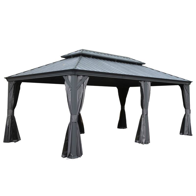 12' X 18' Hardtop Gazebo with Galvanized Steel Double Roof, Aluminum Frame, Curtains and Netting for Patio, Deck, Garden, Grey