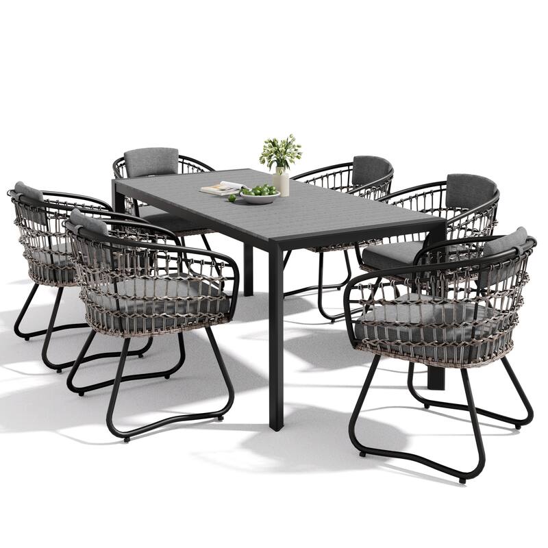9-Piece Outdoor Patio Dining Set Wood Like Aluminum Umbrella Hole Table with Rattan Chairs, Market Umbrella and Wheel Base