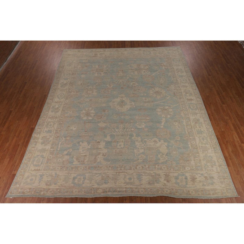 Vegetable Dye Oushak Turkish Large Area Rug Handmade Blue Wool Carpet - 12'3"x 14'6"