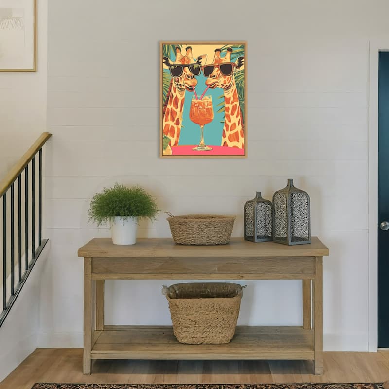 Giraffes Sharing a Drink by Andreas Magnusson Framed Canvas Wall Art