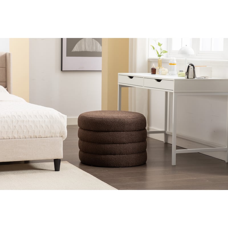 Boucle Fabric Storage Round Ottoman Footstool With Wooden Shelving