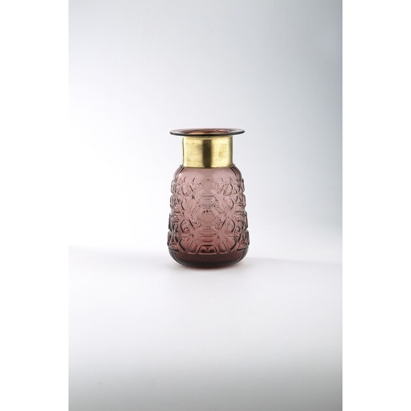 8.5" Brown Opaque Textured Hand Blown Glass Vase with Gold Bottle Neck - N/A