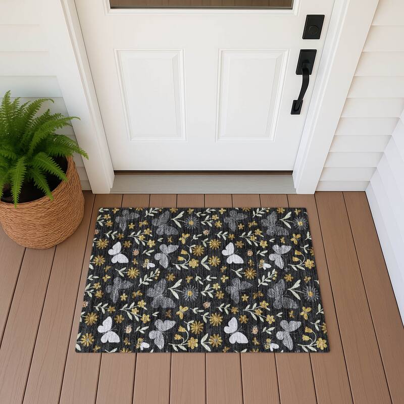 Machine Washable Indoor/ Outdoor Whimsy Butterfly Chantille Rug - Black - 1'8" x 2'6"