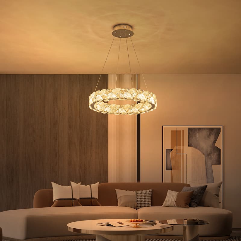 Ring Chrome LED Chandelier Textured Clear & Frosted Crystal Panels - Dia.19.69-in