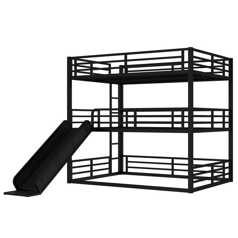 Queen over Queen over Queen Bunk Bed with Slide, Metal Triple Bunk Bed with Safety Guardrails, Noise-reduced Design, Black