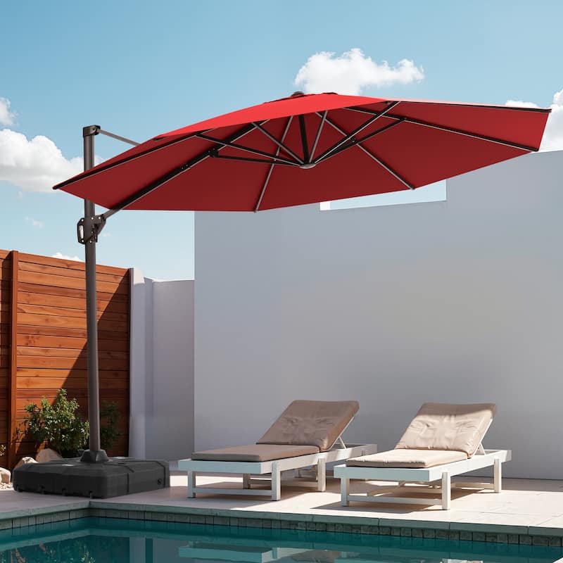Outdoor 11 Ft Patio Cantilever 360 Degree Rotation Offset Umbrella with Base - Red