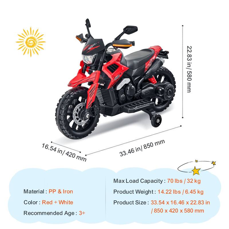 12V Kids Electric Motorcycle Ride-On Toy with Bluetooth Music and Flashing Lights for 3+ Years - 33.46 x 16.54 x 22.83 in