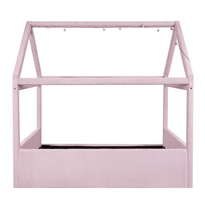 Full Size Upholstered House-Shaped Kids Bed with LED Light Strips, Corduroy Platform Bed Frame Floor Bed
