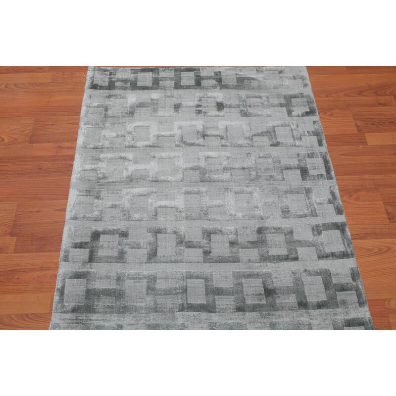 3'x5' Hand Tufted Bamboo Silk Loop n Cut Pile Geometric Oriental Area Rug Tone on tone Aqua, Color - 3' x 5'
