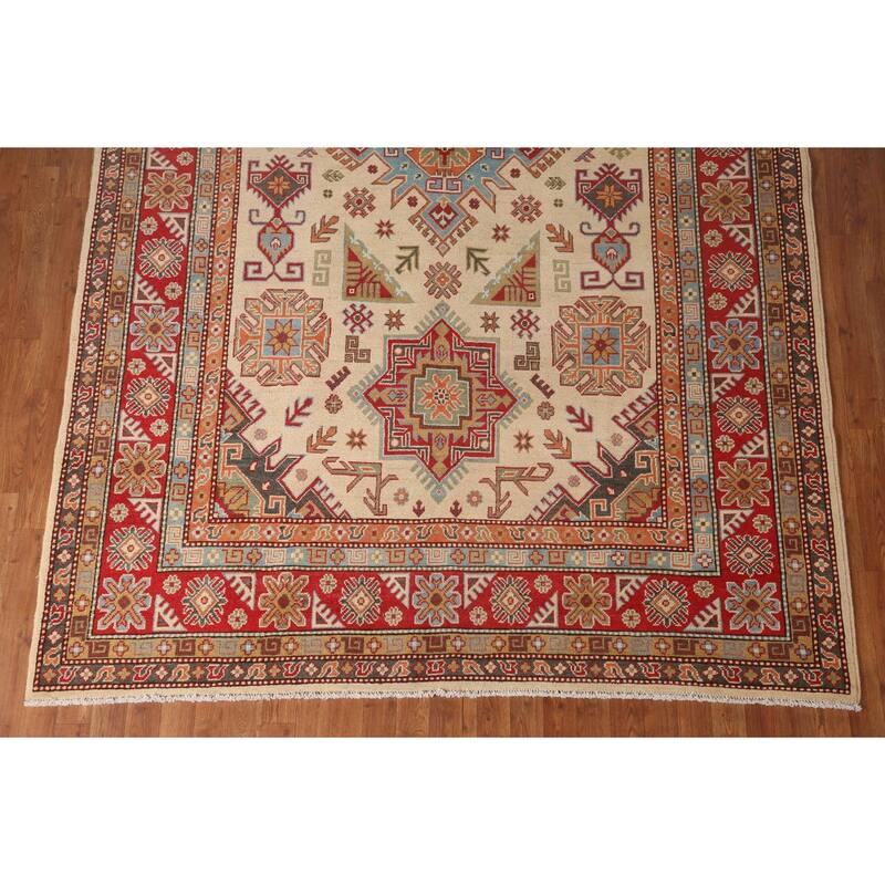 Geometric Kazak Oriental Area Rug Handmade Yellow Wool Carpet - 6'10" x 10'7"