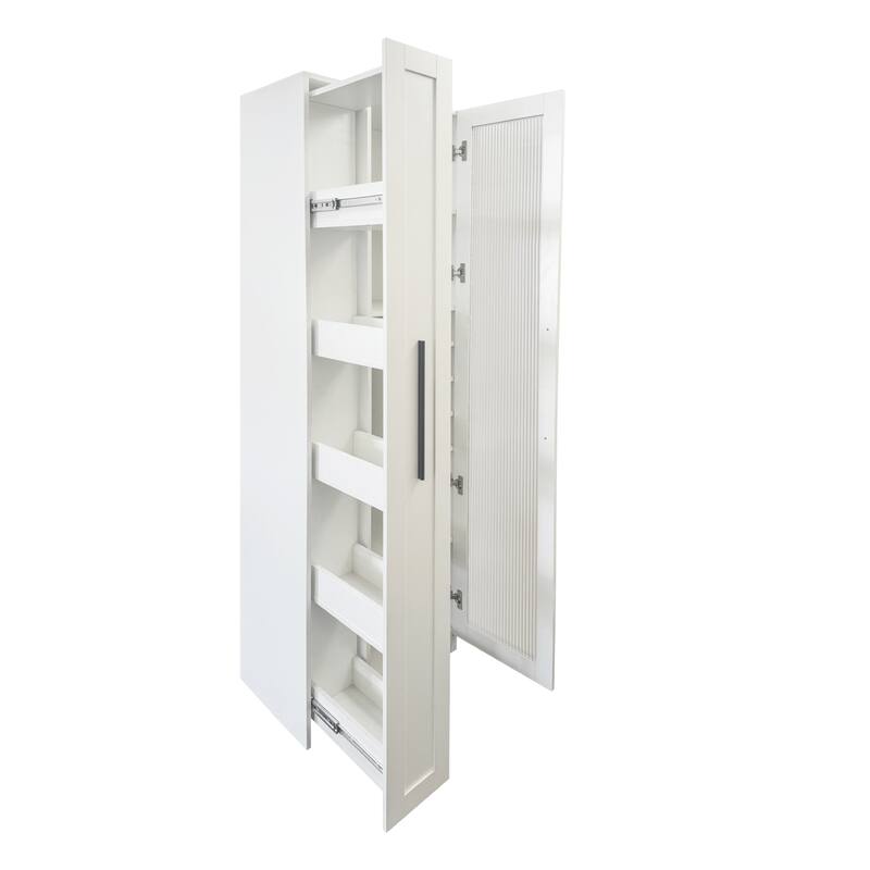 Roomfitters White Kitchen Pantry Cabinet with Glass Doors, Pull-Out Multi-Tier Shelf, and Wine Storage Rack