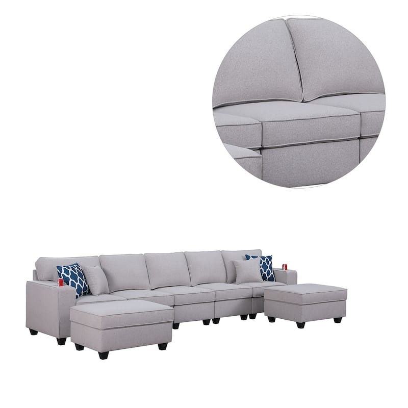 Linen Upholstered 5-Seater Sofa with 2 Ottomans in Light Gray