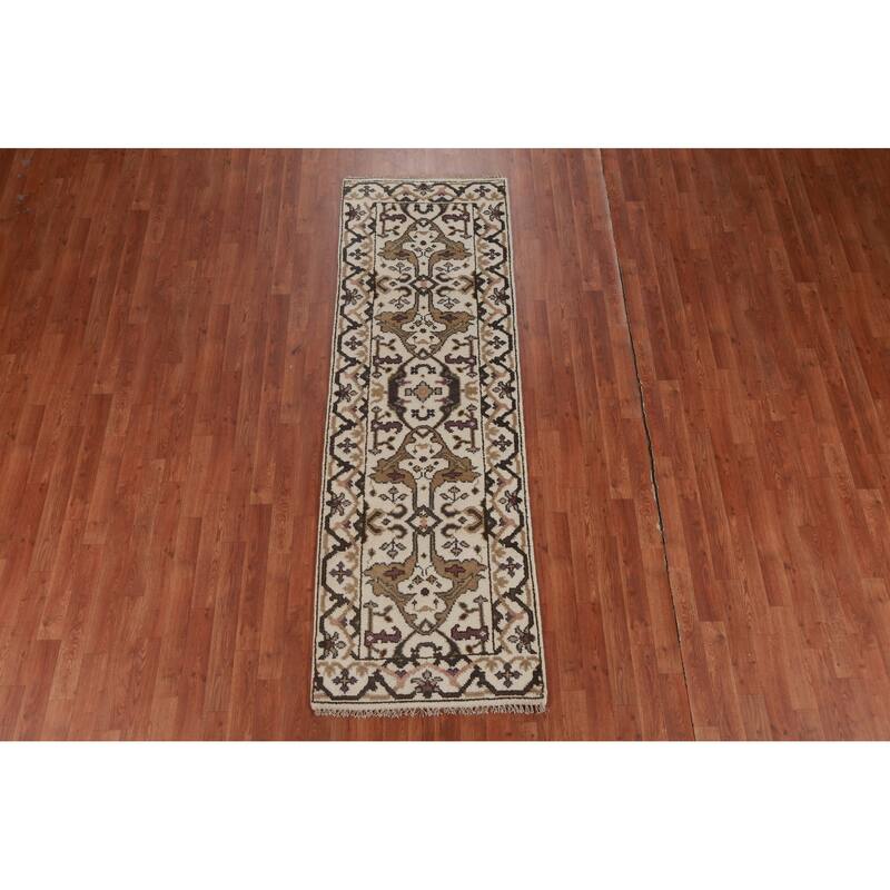 All-Over Ivory Oushak Oriental Runner Rug Handmade Wool Carpet - 2'6" x 7'11"
