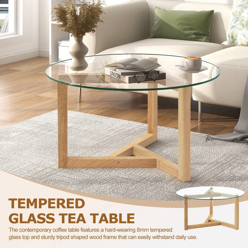 35.43" Modern Coffee Table with Tempered Glass Top and Sturdy Wood Base