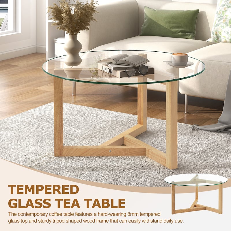 Roomfitters Round Glass Coffee Table with Tempered Glass Top, Modern Cocktail Center Table with Sturdy Wood Base for Living Room
