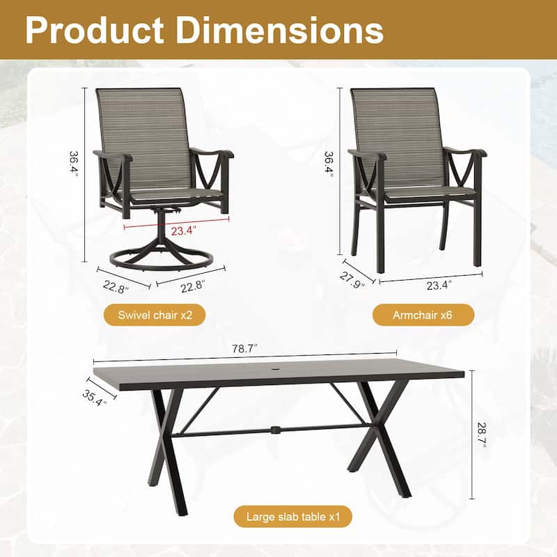 Kullavik 7-Piece Outdoor Dining Set with 4 Textilene Single Chairs, 2 Swivel Chairs and Large Table