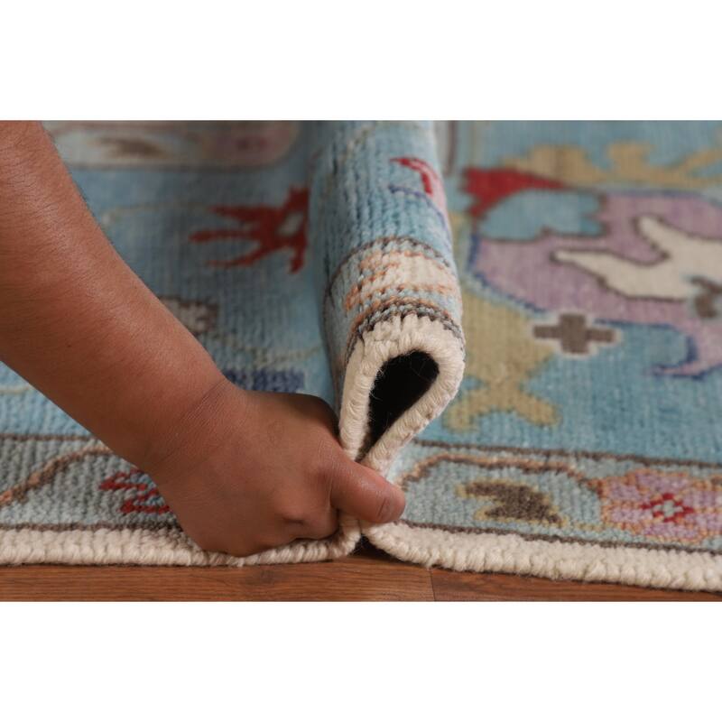 Beige / Ivory Floral Oushak Area Rug Hand-Knotted Wool Carpet - 9'1" x 11'9"