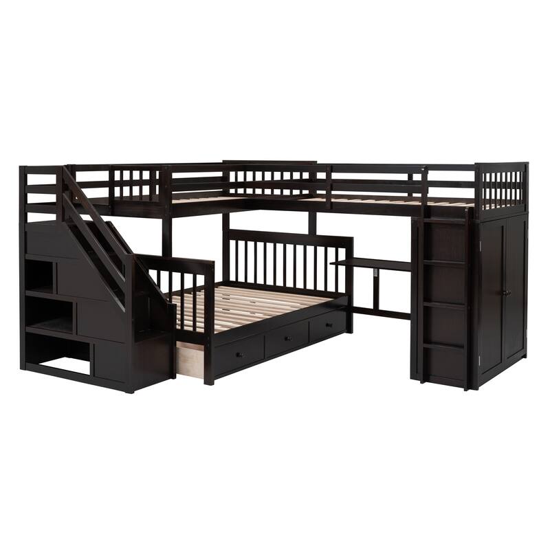L-Shaped Bunk Bed with Storage Stairs, Fold Desk, Wardrobe, Twin - Twin Over Full Bed with Pull-out Underneath Storage Drawers