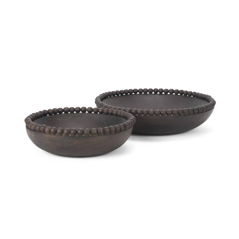 Wendell Dark Brown Wood w/ Wood Beads Round Bowls - 12.0L x 3.3W x 12.0H