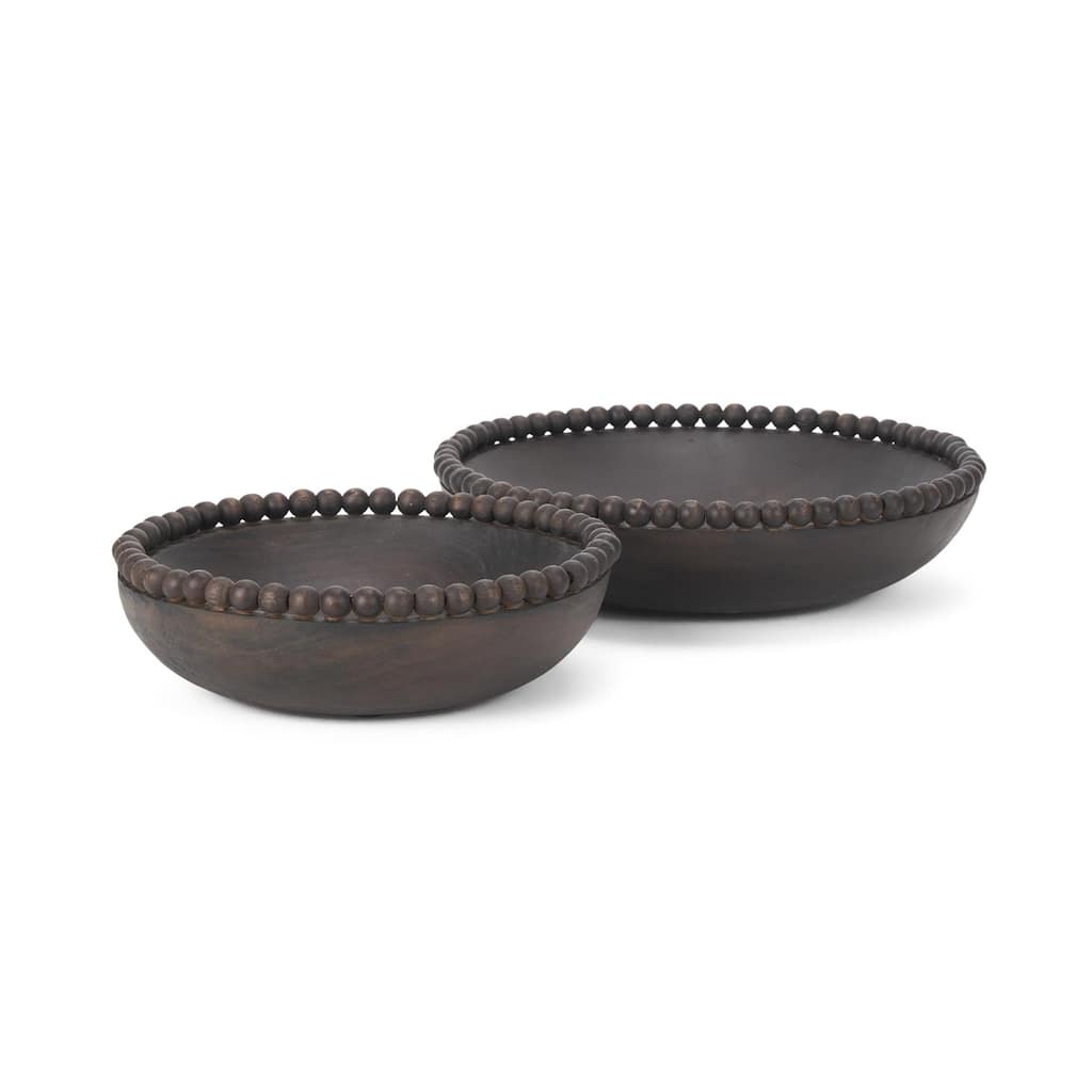 Wendell Dark Brown Wood w/ Wood Beads Round Bowls - 12.0L x 3.3W x 12.0H