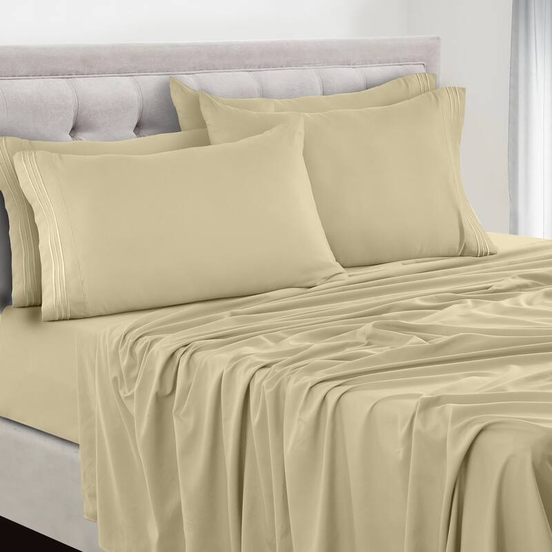 6 Piece Bed Sheet Set Deep Pocket Ultra Soft Microfiber Bedding Sheets - King - Beige