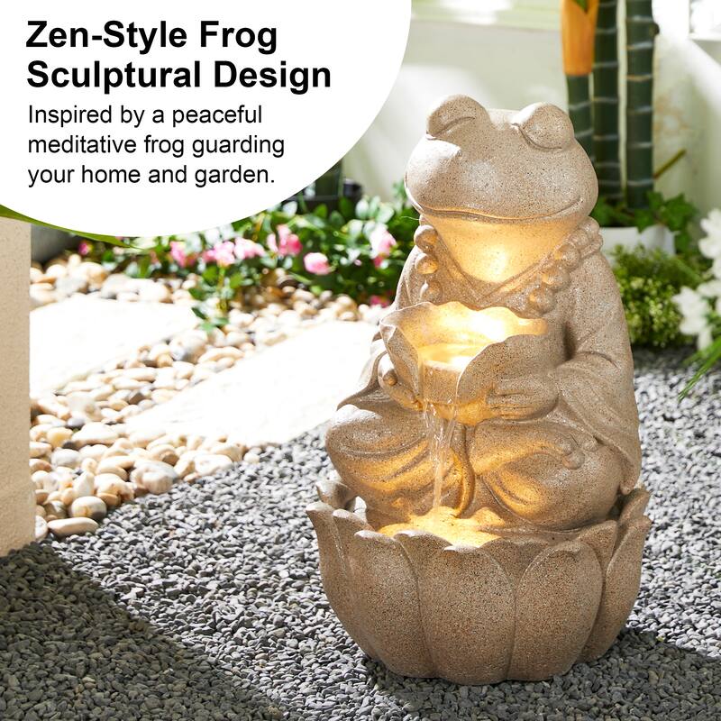 Glitzhome 21.75"H 2-Tiered Lighted Zen Style Frog Elephant Polyresin Outdoor Fountains