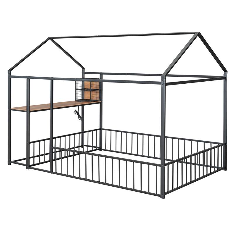 Full Size Metal House Bed with Desk, Shelving, USB Charging Ports & Power Outlets - Stylish and Functional