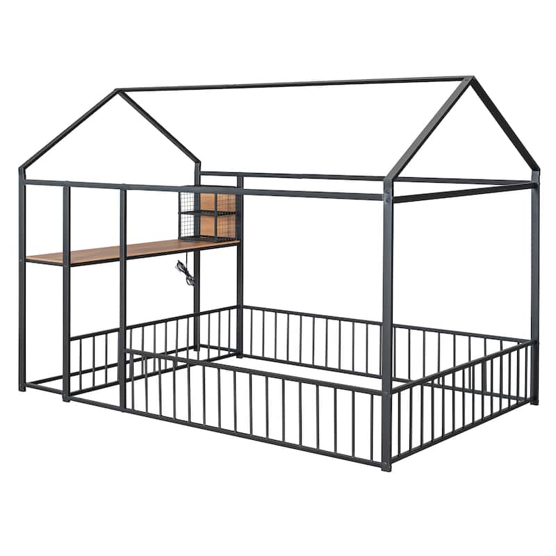 Full Size Metal House Platform Bed Frame with Built-In Desk, USB Charging And Storage Shelves