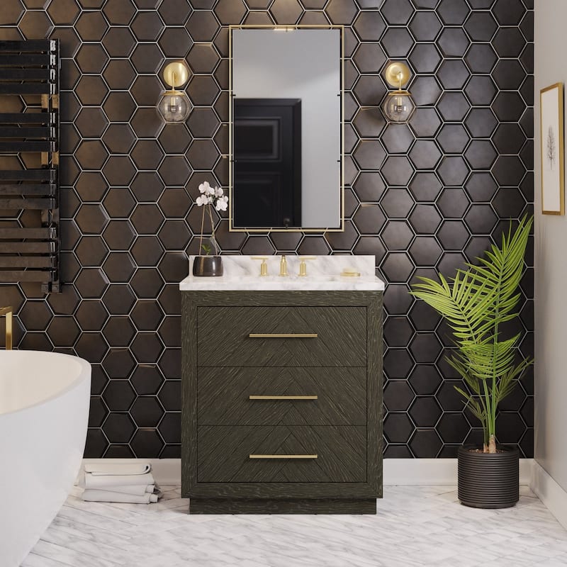 KitchenBathCollection Avery 30" Bathroom Vanity with Carrara Marble Top - Dark Oak