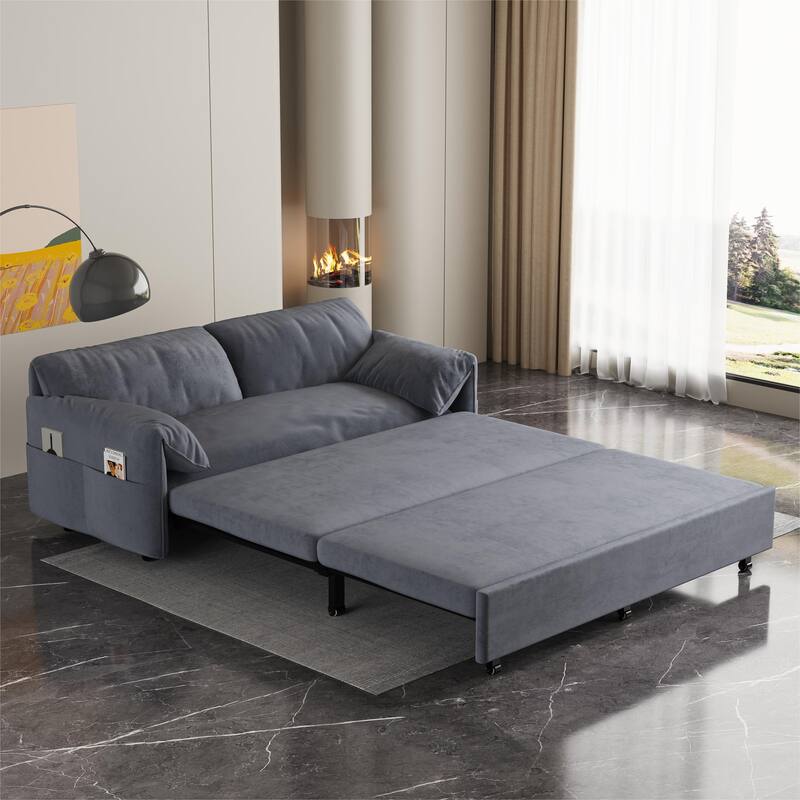 Multi-Functional 63.8" Queen Pull Out Sofa Bed with Side Storage and Wheels - 3-in-1 Convertible Sleeper Sofa - DARK GREY