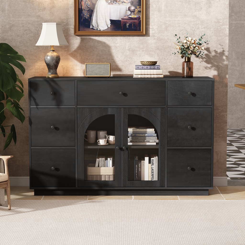 55" Retro Sideboard Cabinet with 2 Doors and 7 Drawers