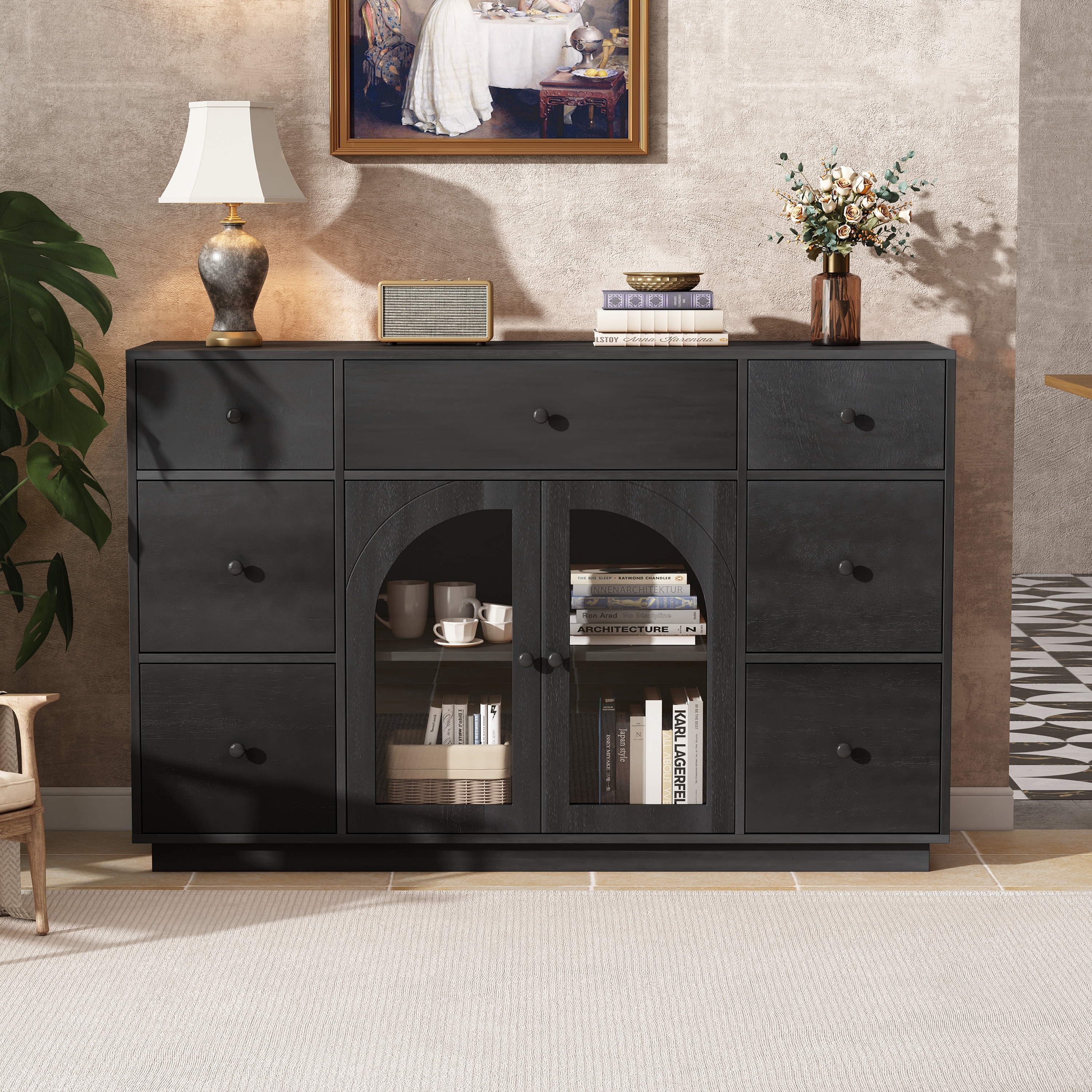 Roomfitters Large Sideboard Storage Cabinet with 7 Drawers and 2 Glass Doors