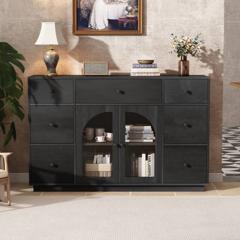 Rustic Wooden Storage Cabinet, Freestanding Buffet Sideboard With Glass Door 7 Drawers Hallway Decorative Cabinet - Black
