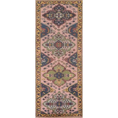 Pink Geometric Kazak Oriental Runner Rug Handmade Wool Carpet - 2'7"x 8'2"