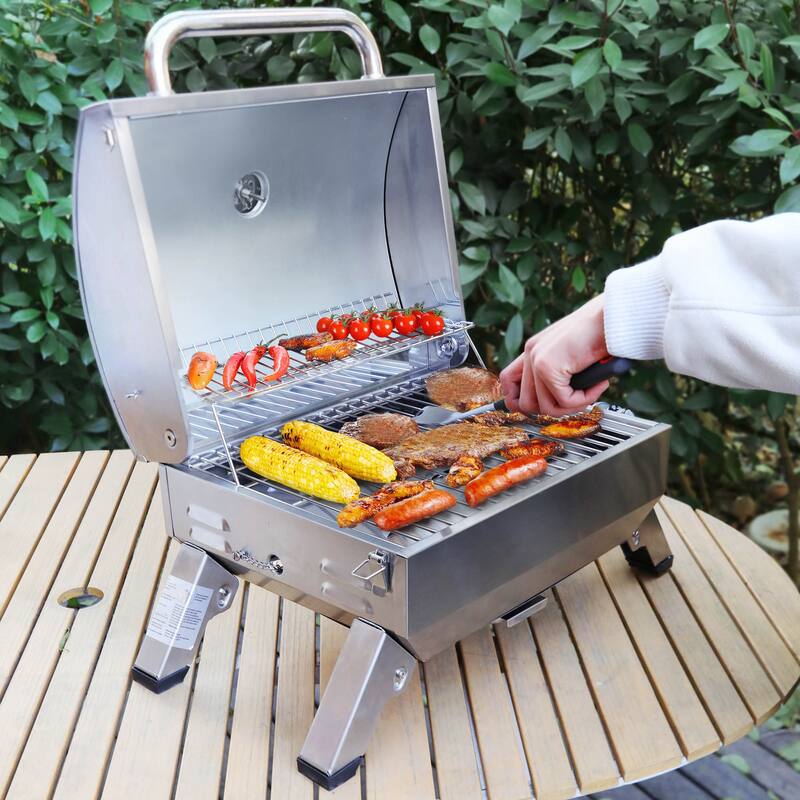 Royal Gourmet Stainless Steel Portable Gas Grill with Folding Legs and Lockable Lid