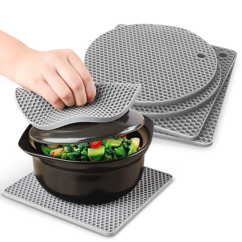 Cheer Collection Silicone Trivets Set of 4 Flexible Heat Resistant Kitchen Mats for Hot Pots and Pans - Gray